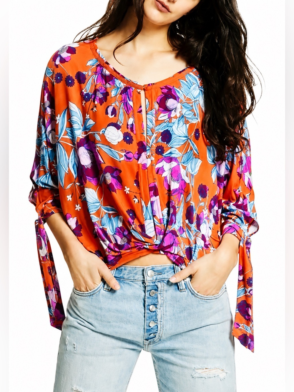 FREE PEOPLE Orange Keepin On Floral Stretch Jersey Slouchy Top SP